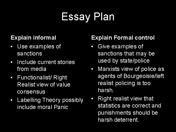 Essay Plan Explain informal Explain Formal control • Use examples of sanctions • Include