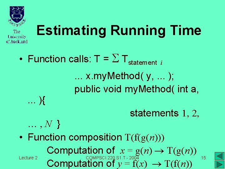 Estimating Running Time • Function calls: T = S Tstatement . . . ){