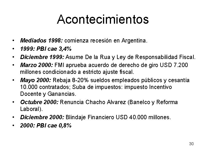 Acontecimientos • • Mediados 1998: comienza recesión en Argentina. 1999: PBI cae 3, 4%