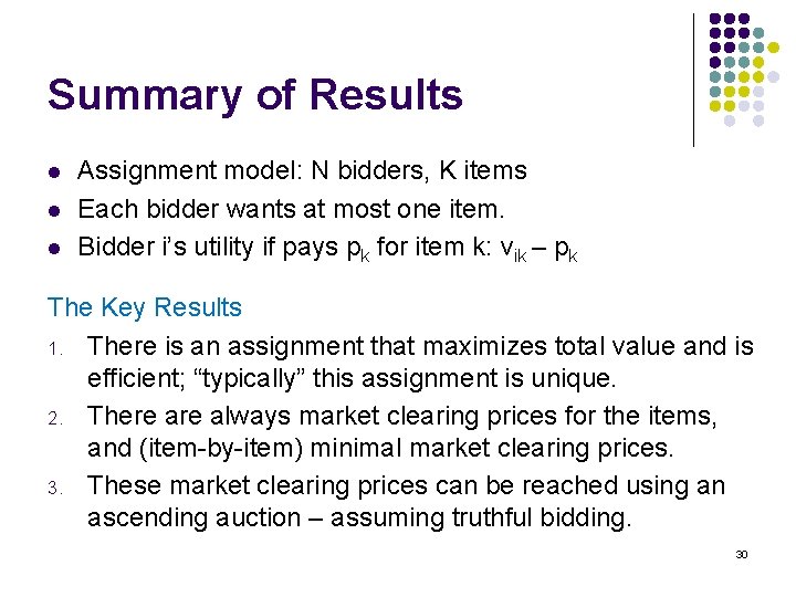 Summary of Results l l l Assignment model: N bidders, K items Each bidder