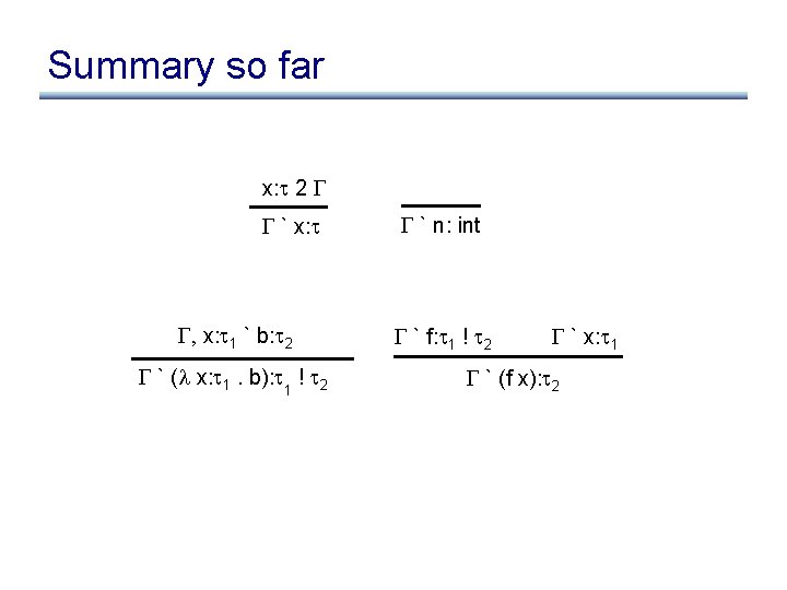 Summary so far x: 2 ` x: , x: 1 ` b: 2 `