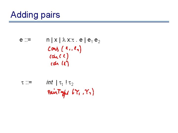 Adding pairs e : : = n | x | x: . e |