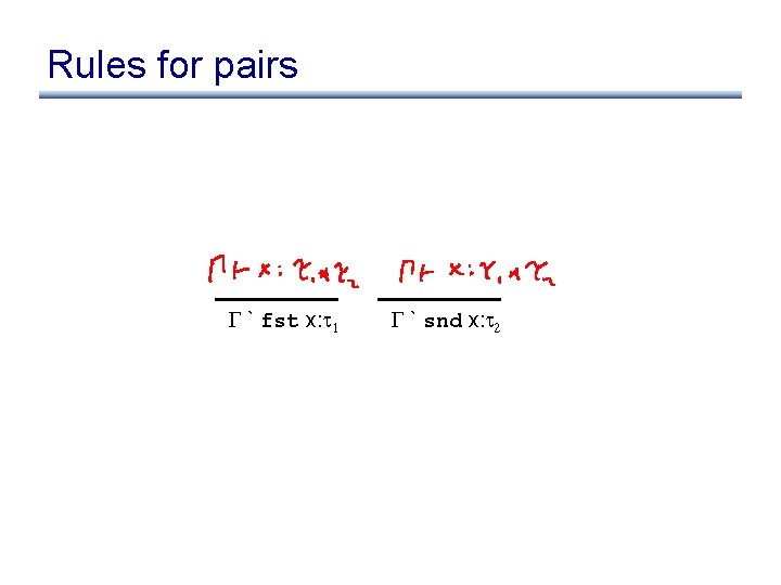 Rules for pairs ` fst x: 1 ` snd x: 2 