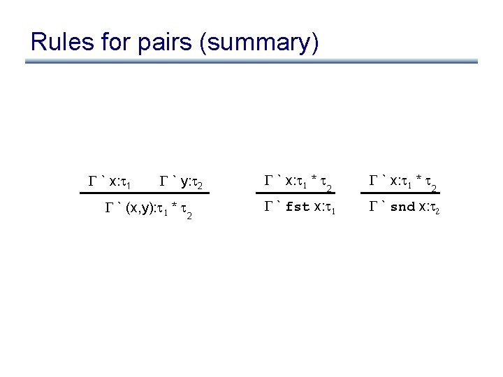 Rules for pairs (summary) ` x: 1 ` y: 2 ` (x, y): 1