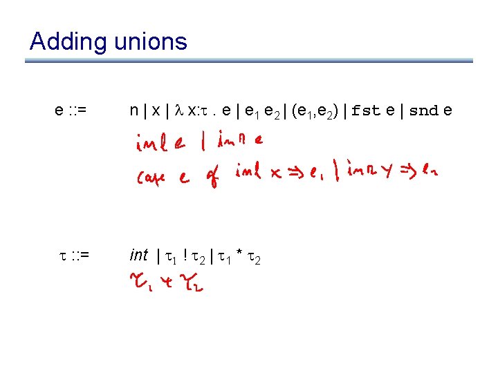 Adding unions e : : = n | x | x: . e |