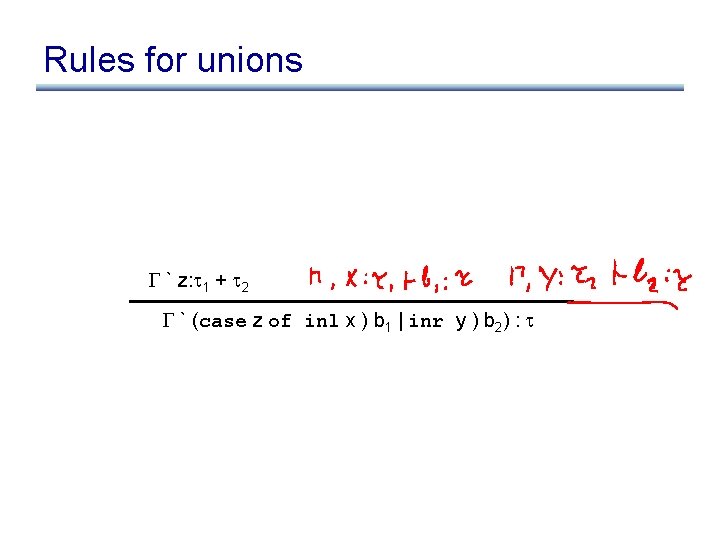 Rules for unions ` z: 1 + 2 ` (case z of inl x