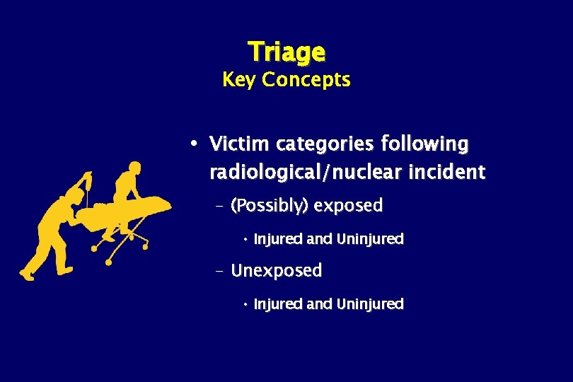 Triage Key Concepts Victim categories following radiological/nuclear incident – (Possibly) exposed • Injured and