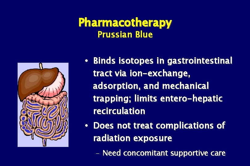 Pharmacotherapy Prussian Blue Binds isotopes in gastrointestinal tract via ion-exchange, adsorption, and mechanical trapping;