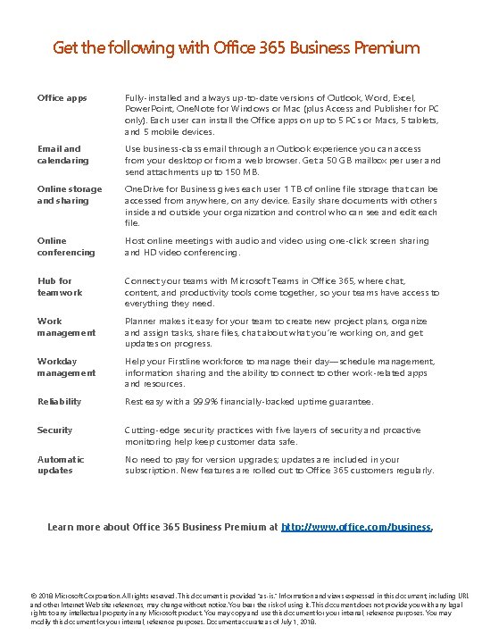 Get the following with Office 365 Business Premium Office apps Fully-installed and always up-to-date Get the following with Office 365 Business Premium Office apps Fully-installed and always up-to-date