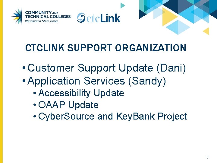 CTCLINK SUPPORT ORGANIZATION • Customer Support Update (Dani) • Application Services (Sandy) • Accessibility