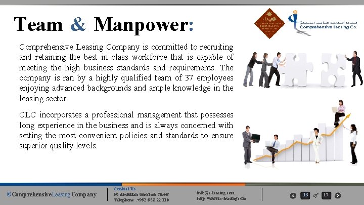 Team & Manpower: Comprehensive Leasing Company is committed to recruiting and retaining the best Team & Manpower: Comprehensive Leasing Company is committed to recruiting and retaining the best