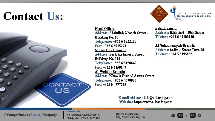 Contact Us: Erbil Branch: Head Office: Address: Bikhtiari – 20 th Street Address: Abdullah Contact Us: Erbil Branch: Head Office: Address: Bikhtiari – 20 th Street Address: Abdullah