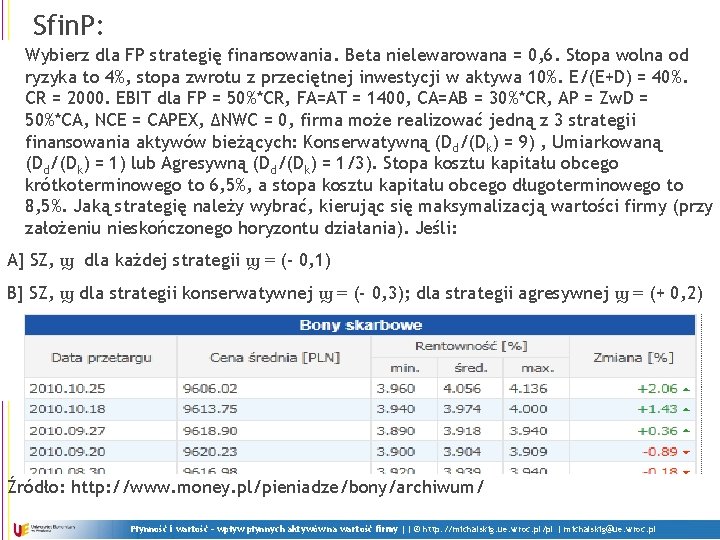 Sfin. P: Wybierz dla FP strategię finansowania. Beta nielewarowana = 0, 6. Stopa wolna