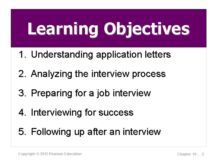 Learning Objectives 1. Understanding application letters 2. Analyzing the interview process 3. Preparing for