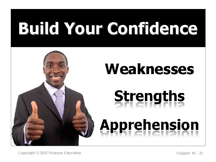 Build Your Confidence Weaknesses Copyright © 2012 Pearson Education Chapter 19 - 22 