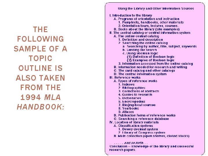 THE FOLLOWING SAMPLE OF A TOPIC OUTLINE IS ALSO TAKEN FROM THE 1994 MLA THE FOLLOWING SAMPLE OF A TOPIC OUTLINE IS ALSO TAKEN FROM THE 1994 MLA