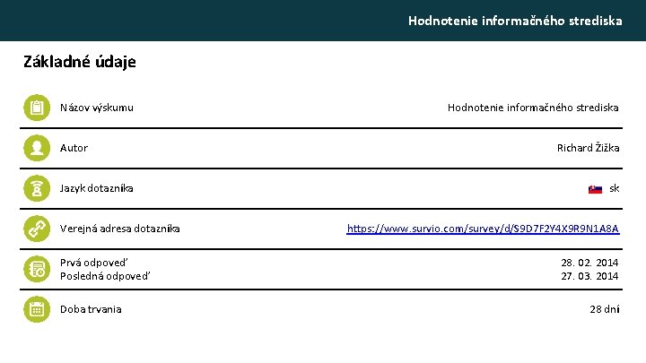 Hodnotenie informačného strediska Základné údaje Názov výskumu Autor Jazyk dotazníka Verejná adresa dotazníka Prvá