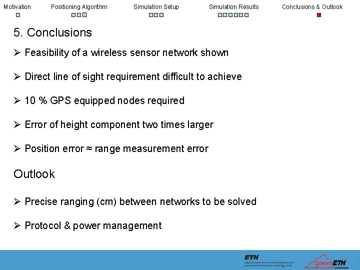 Motivation Positioning Algorithm Simulation Setup Simulation Results 5. Conclusions Ø Feasibility of a wireless