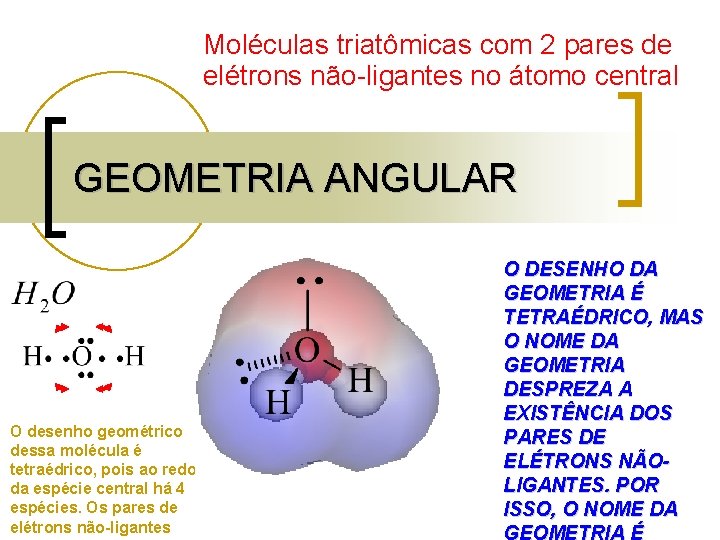 Moléculas triatômicas com 2 pares de elétrons não-ligantes no átomo central GEOMETRIA ANGULAR O