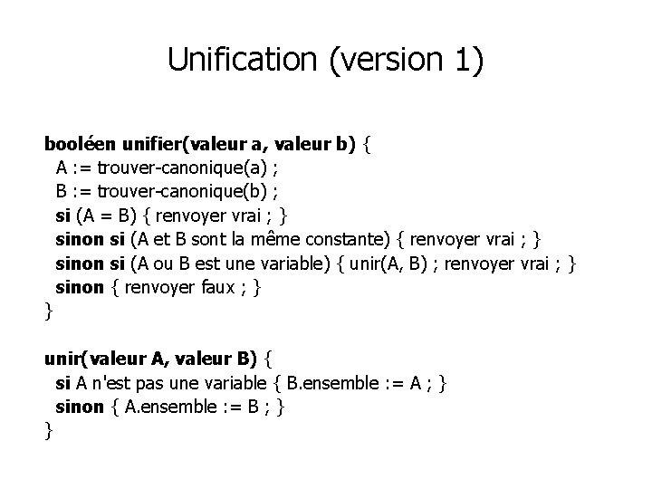 Unification (version 1) booléen unifier(valeur a, valeur b) { A : = trouver-canonique(a) ;