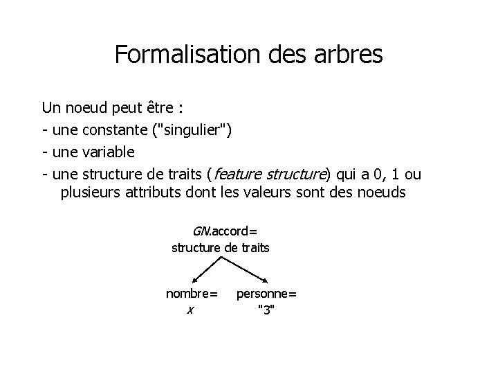 Formalisation des arbres Un noeud peut être : - une constante ("singulier") - une