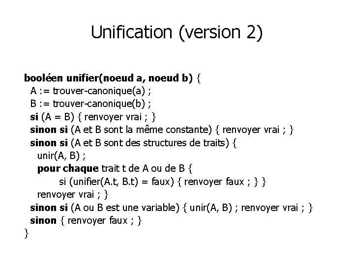 Unification (version 2) booléen unifier(noeud a, noeud b) { A : = trouver-canonique(a) ;