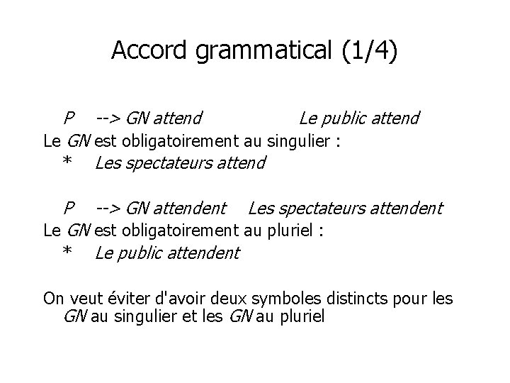 Accord grammatical (1/4) P --> GN attend Le public attend Le GN est obligatoirement