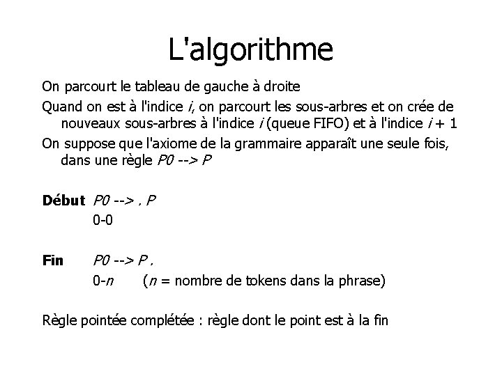 L'algorithme On parcourt le tableau de gauche à droite Quand on est à l'indice