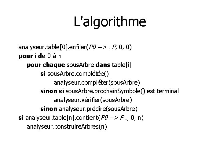 L'algorithme analyseur. table[0]. enfiler(P 0 -->. P, 0, 0) pour i de 0 à