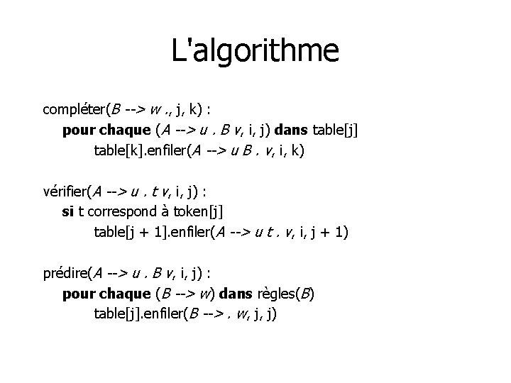 L'algorithme compléter(B --> w. , j, k) : pour chaque (A --> u. B