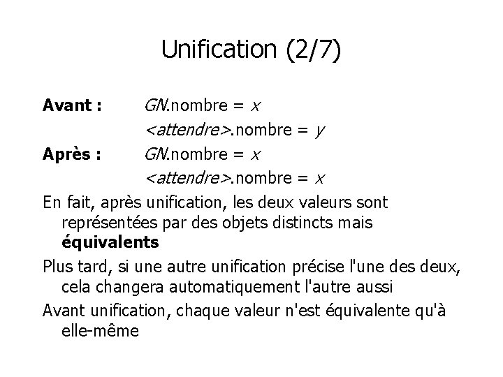Unification (2/7) Avant : Après : GN. nombre = x <attendre>. nombre = y