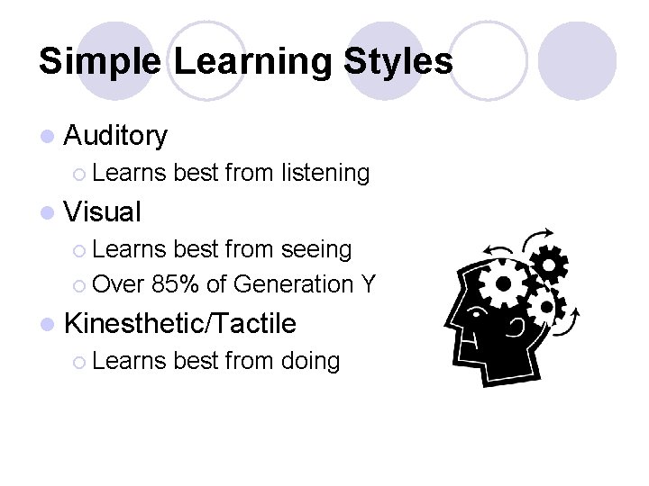 Simple Learning Styles l Auditory ¡ Learns best from listening l Visual ¡ Learns