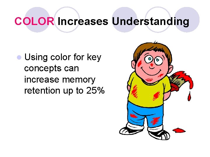 COLOR Increases Understanding l Using color for key concepts can increase memory retention up