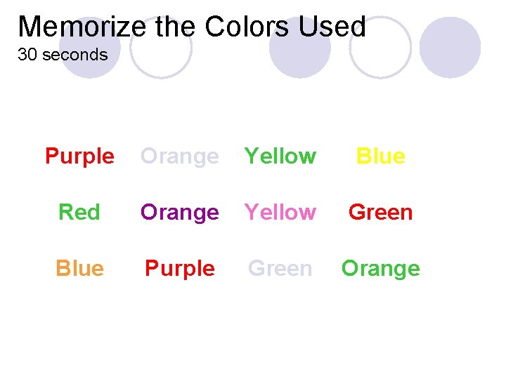 Memorize the Colors Used 30 seconds Purple Orange Yellow Red Orange Yellow Blue Purple