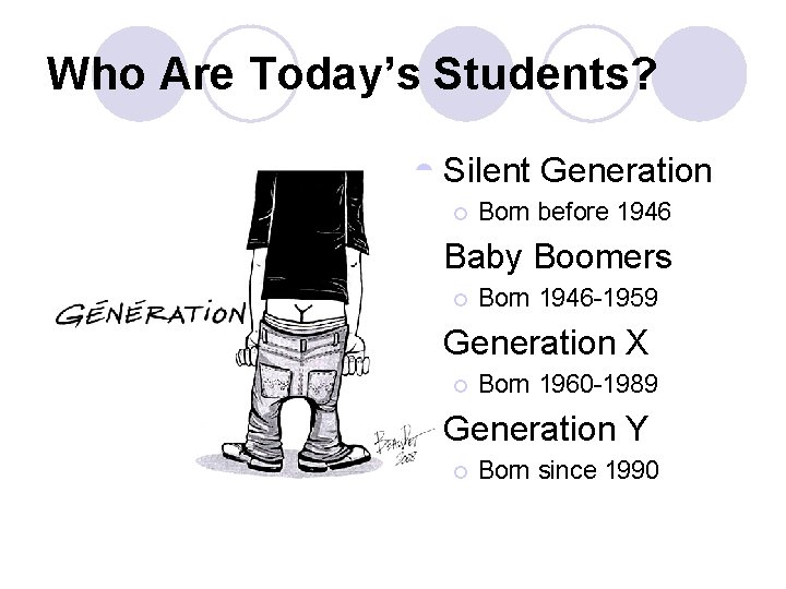 Who Are Today’s Students? l Silent ¡ Born before 1946 l Baby ¡ Generation