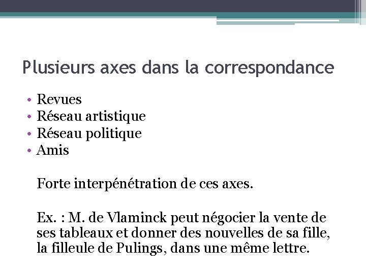 Plusieurs axes dans la correspondance • • Revues Réseau artistique Réseau politique Amis Forte