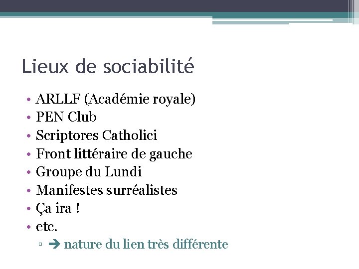 Lieux de sociabilité • • ARLLF (Académie royale) PEN Club Scriptores Catholici Front littéraire