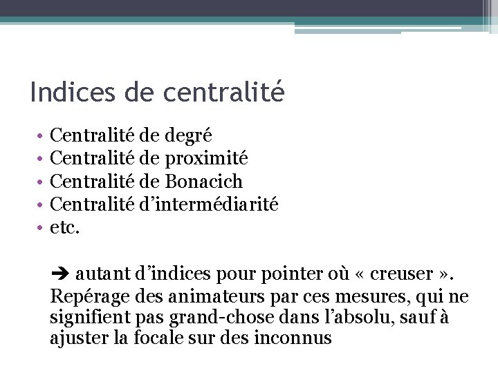 Indices de centralité • • • Centralité de degré Centralité de proximité Centralité de