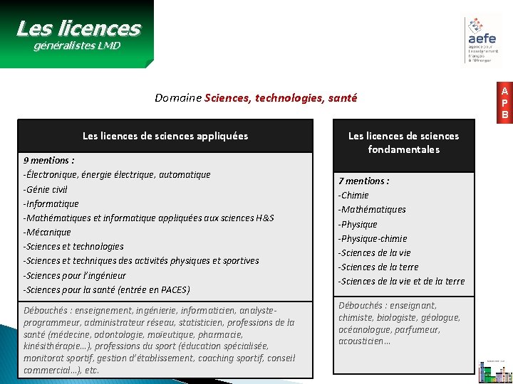 Les licences généralistes LMD Domaine Sciences, technologies, santé Les licences de sciences appliquées 9