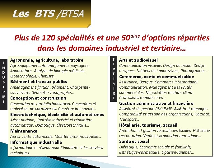 Les BTS /BTSA Plus de 120 spécialités et une 50 aine d’options réparties dans