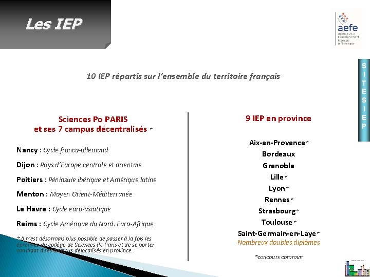 Les IEP 10 IEP répartis sur l’ensemble du territoire français Sciences Po PARIS et