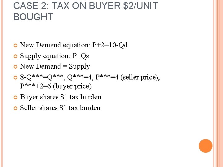 CASE 2: TAX ON BUYER $2/UNIT BOUGHT New Demand equation: P+2=10 -Qd Supply equation: