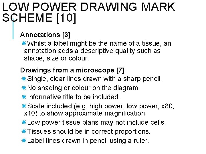 LOW POWER DRAWING MARK SCHEME [10] Annotations [3] Whilst a label might be the