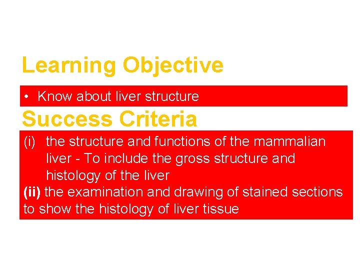 Learning Objective • Know about liver structure Success Criteria (i) the structure and functions