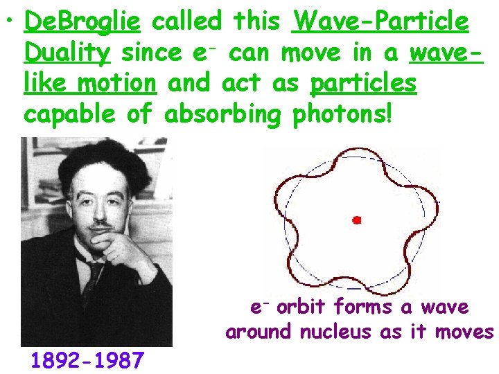 • De. Broglie called this Wave-Particle Duality since e- can move in a • De. Broglie called this Wave-Particle Duality since e- can move in a