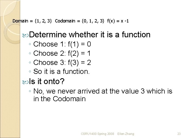 Domain = {1, 2, 3} Codomain = {0, 1, 2, 3} f(x) = x