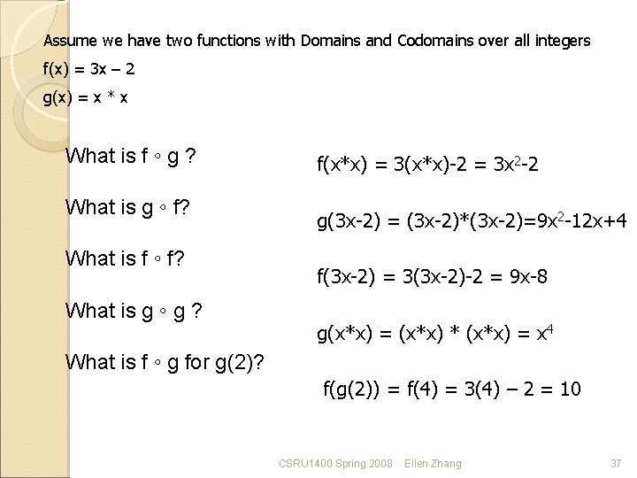 Assume we have two functions with Domains and Codomains over all integers f(x) =