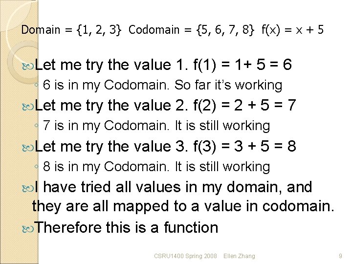 Domain = {1, 2, 3} Codomain = {5, 6, 7, 8} f(x) = x