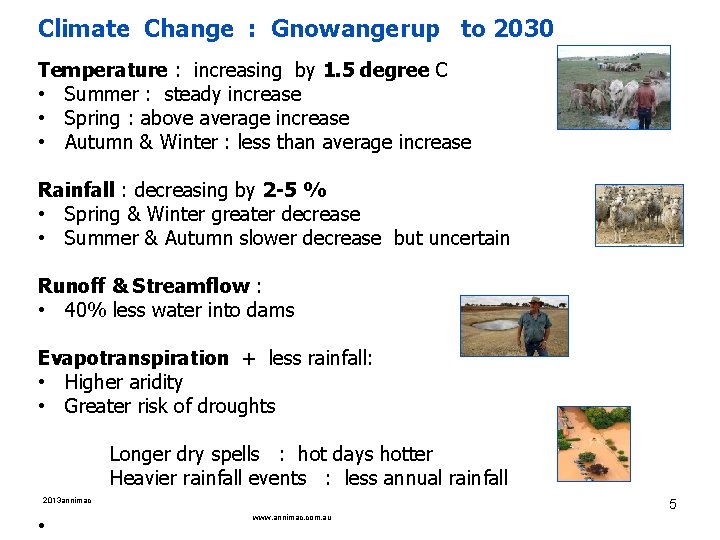 Climate Change : Gnowangerup to 2030 Temperature : increasing by 1. 5 degree C