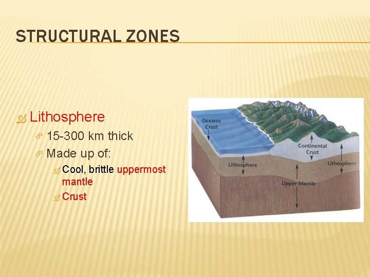 STRUCTURAL ZONES Lithosphere 15 -300 km thick Made up of: Cool, brittle uppermost mantle